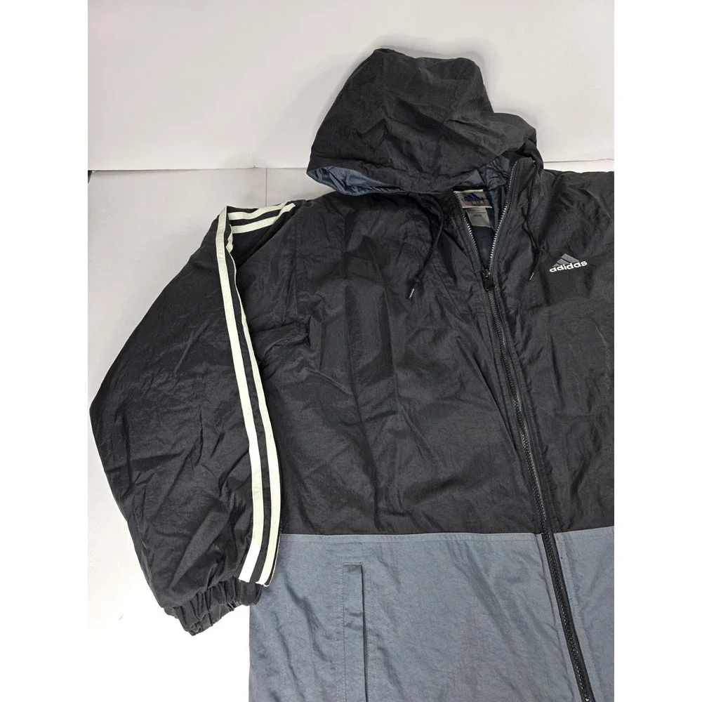 Vintage Adidas Black Gray Winter Hooded Oversized Quilted Jacket Mens Size Large
